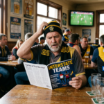A man in an AFL scarf reads a football magazine in a sports pub