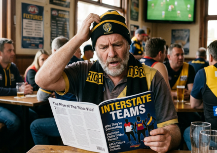 A man in an AFL scarf reads a football magazine in a sports pub