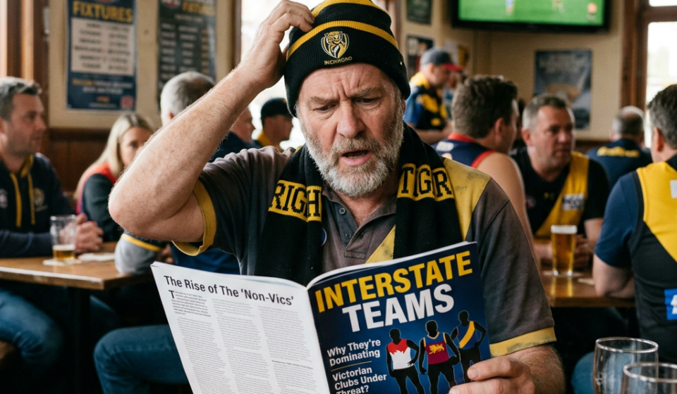 A man in an AFL scarf reads a football magazine in a sports pub